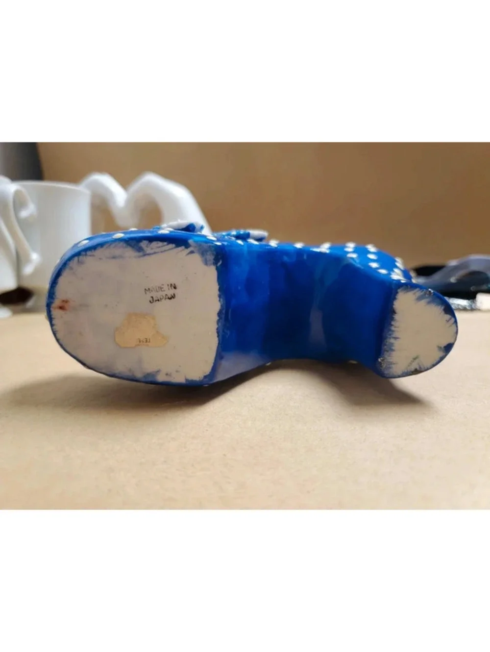 Vintage 1950s Blue Polka Dot Ceramic High Heel Shoe Figurine
